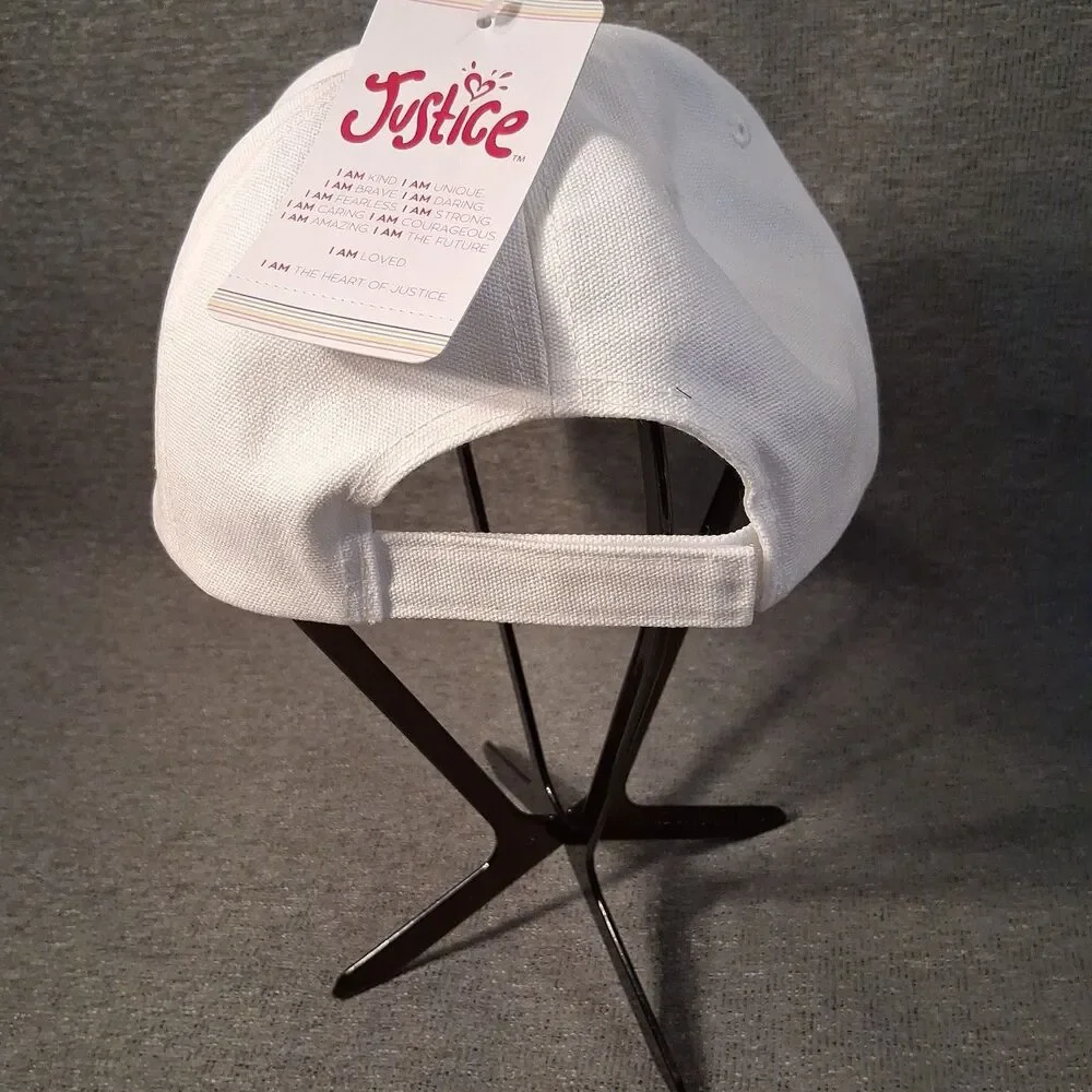 Justice White Cherry Embroidered Baseball Cap Corduroy Adjustable Hat NWT